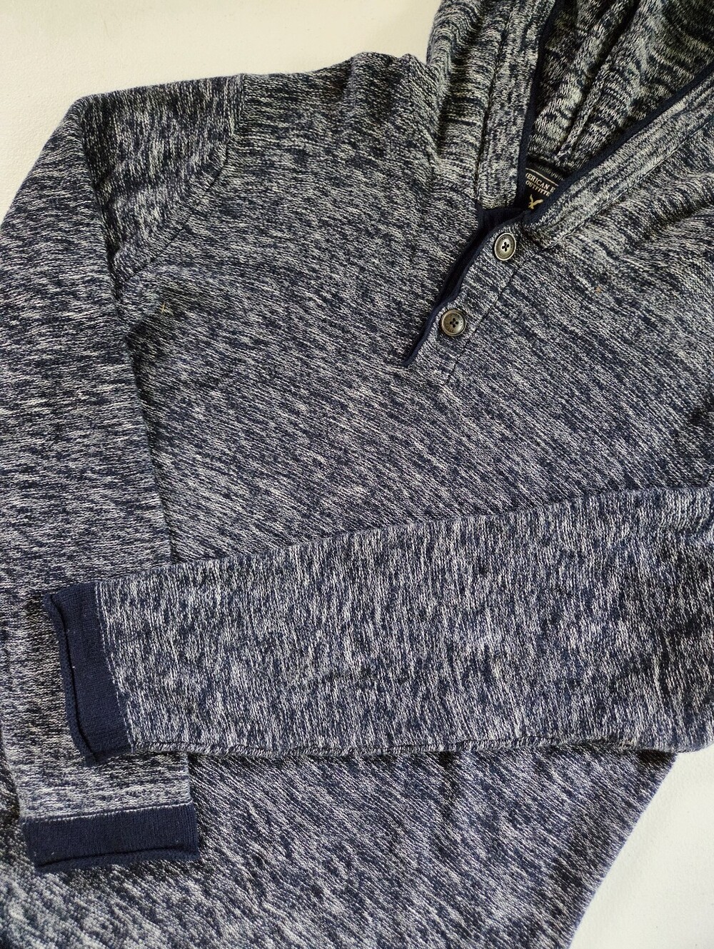 American Eagle Heathered Blue Knit Hooded Henley Sweater Hoodie Large